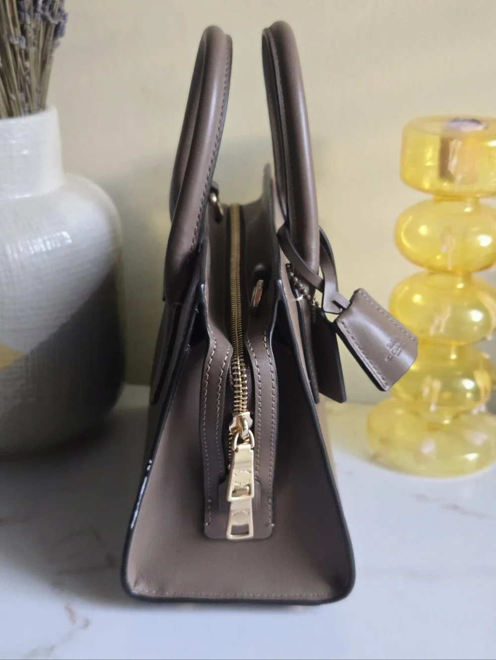 Like New Coach Andrea Dark Stone Carryall Satchel Bag Without Strap